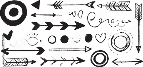 A set of hand-drawn arrows and shapes in black and white. This vector illustration features hearts, circles, and lines for design elements.