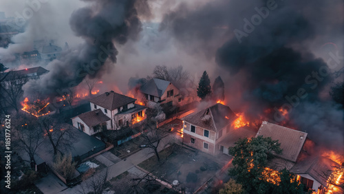 Residential houses consumed by intense wildfire concept. Dramatic aerial view of homes engulfed in flames and smoke.