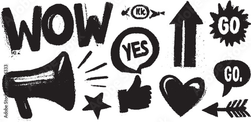 Motivational doodle elements in black and white. Features a megaphone, thumbs up, and various expressions in a hand-drawn vector illustration set.