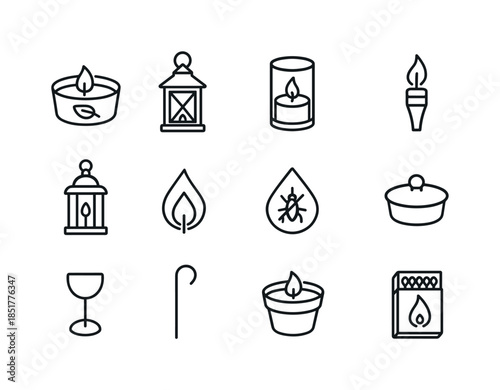 Outdoor Candle Icons. Outdoor candles. Line icon set of outdoor