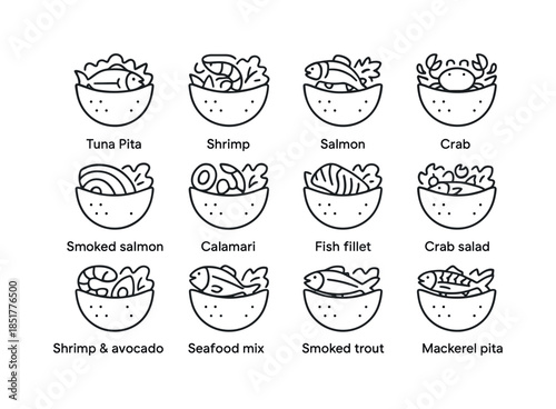 Seafood Pita Icons. Seafood Pitas. Line icon set of Seafood Pita