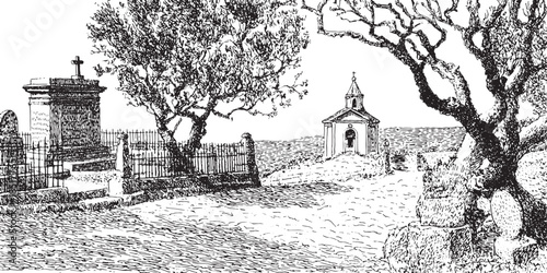 Graveyard scene with tombstone and trees. Black and white vector illustration featuring a church in a serene landscape.