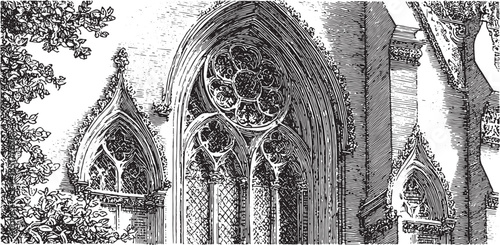 Gothic window design with ornate details in a vintage black and white style. Architectural vector illustration highlighting patterns and textures in a classical set.