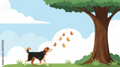 A Beagle dog looking up at falling leaves from a tree.