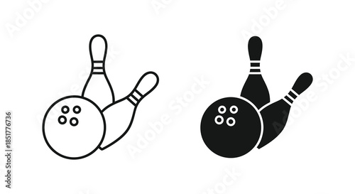 Simple black and white line art depicting bowling pins and a bowling ball silhouette