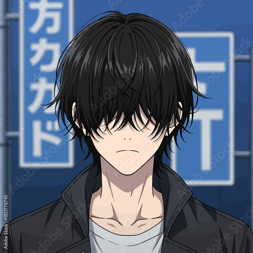 Anime-style faceless male character portrait with messy medium-length black hair covering the eyes 