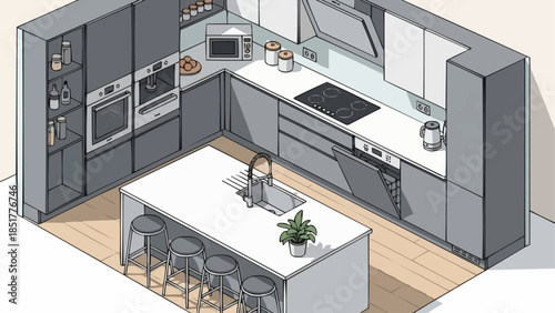 Modern Kitchen Design with Island and Appliances.