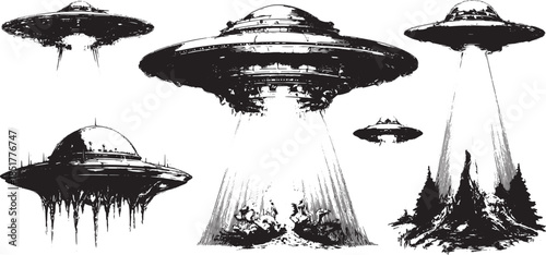 Set of UFO and spaceship illustrations in black and white. Simple, flat vector designs showcasing various shapes in a futuristic concept.