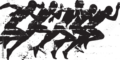 Vector illustration of dynamic runners in a black silhouette style. The artwork emphasizes motion and speed in a simple and elegant set design.