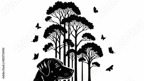 Black and white silhouette of a Labrador dog in a forest setting.