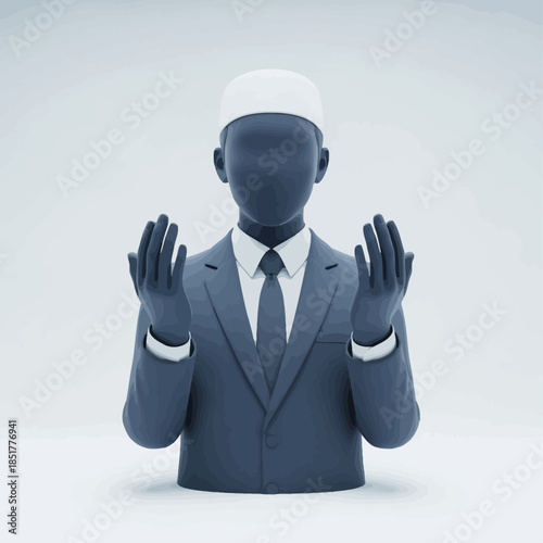 a faceless Muslim man wearing a formal suit and a white prayer cap