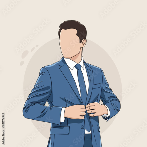 a faceless man wearing a blue formal suit and tie, adjusting his jacket