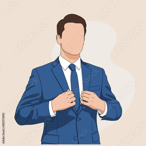 a faceless man wearing a blue formal suit and tie, adjusting his jacket