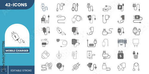 Mobile Charger Editable Icon Set Vector – Smartphone Charging Cable, USB Adapter & Power Supply Symbols.