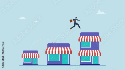 Businessman jumping on bigger franchise shop. Expand storefront growing business, franchise license or business growth opportunity, marketing to improve retail store and achieve success.