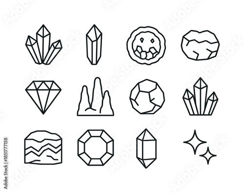 Crystals and Minerals Icons. Crystals and Minerals. Line icon se