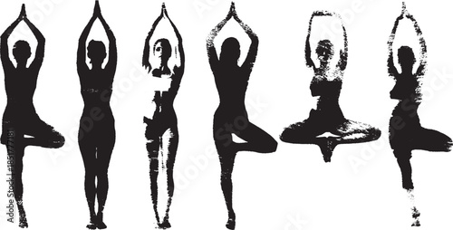 Yoga poses illustrated as black silhouettes on a white background. This vector illustration showcases various dynamic forms representing fitness and wellness.