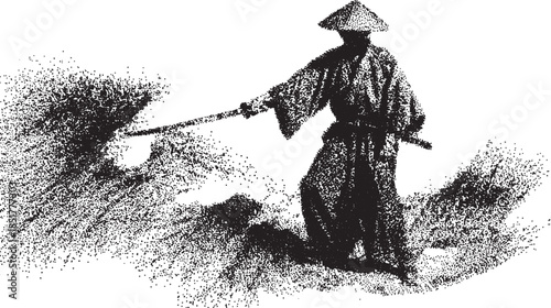 Samurai warrior in traditional clothing. Detailed black and white vector illustration showcasing the art style and culture of martial performance as a set.