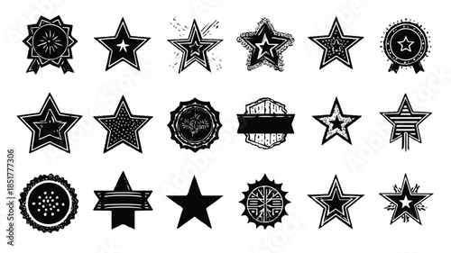 black and white star shapes and badges for graphic design  various starburst logos