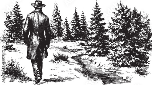 A traveler walks through a snowy forest. Black and white vector illustration of a serene winter scene featuring trees and a small stream.