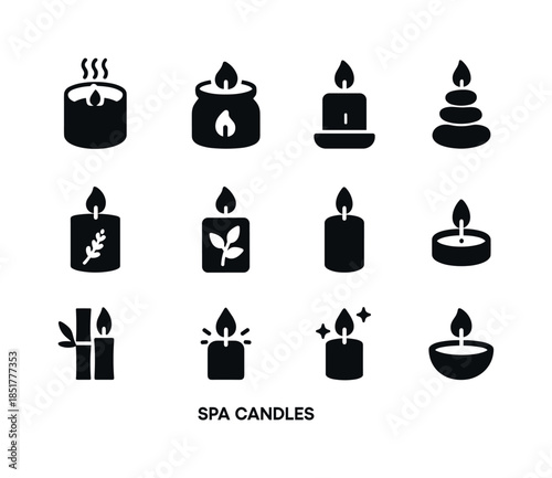 Serene Candle Icons. spa candles. Solid icon set of spa candles: