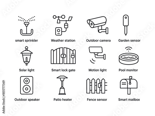 Smart Outdoor Device Icons. Smart outdoor devices. Line icon set