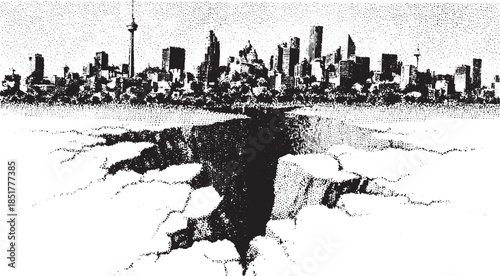 City skyline with a large crack in the ground. Black and white geometric vector illustration depicting a desolate urban landscape.