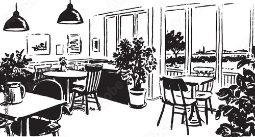Cafe interior with modern design featuring chairs, tables, and plants near large windows. Black and white vector illustration set.