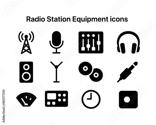 Radio Station Icons. Radio Station Equipment. Solid icon set of