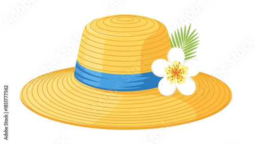 Yellow straw hat with blue ribbon and white flower illustration