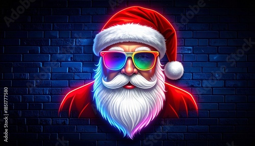 Vibrant Neon Santa Claus Face with Sunglasses and Blue Glowing Beard on a Dark Brick Wall Background - Modern Christmas Aesthetic