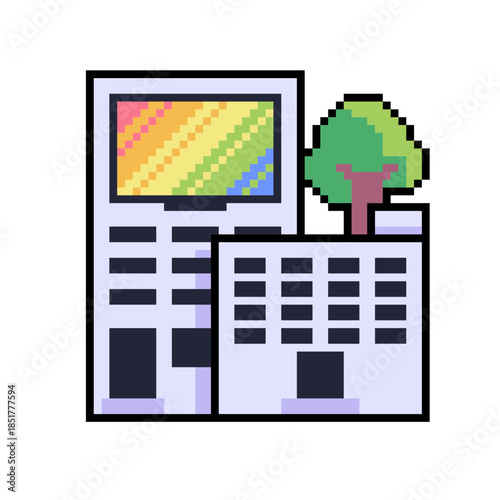 Building Cluster with Tree at Behind, Pixel Art Icon, Isolated