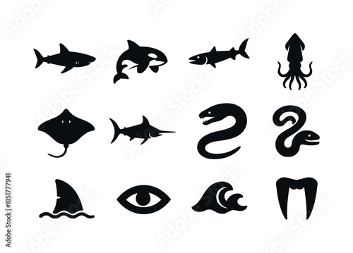 Ocean Predator Icons. Ocean predators. Solid icon set of Ocean p