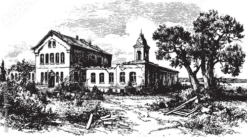 Abandoned house vintage illustration. Black and white vector art depicting a desolate landscape with trees and broken structures in detailed sketch style.