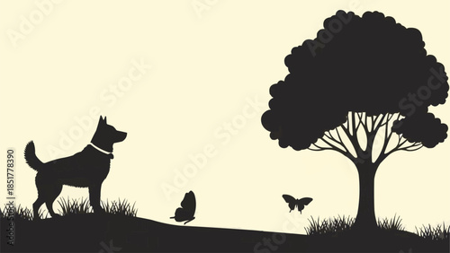 Silhouette of a dog standing in a grassy field with a butterfly nearby.
