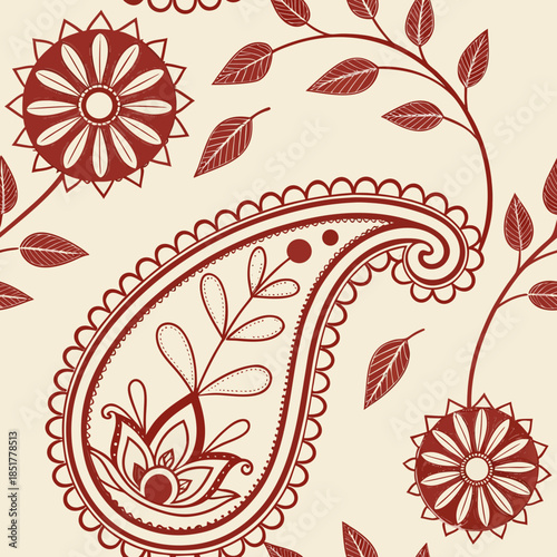 Traditional Red and Cream Seamless Paisley Vector Pattern for Nakshi Kantha Embroidery