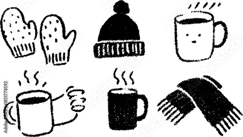 Winter-themed vector illustration set featuring mittens, a hat, cups, and scarves. The simple black and white design captures cozy accessories.