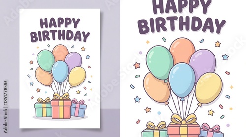A vibrant illustration featuring an array of colorful balloons and thoughtfully wrapped gift boxes, perfect for celebrating a happy birthday or any joyous event