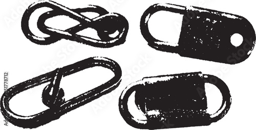 Set of metal safety clips. Simple black vector illustration showcasing various designs in a flat, monochrome style.