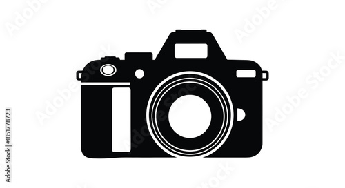 Detailed depiction of a classic single lens reflex camera in bold black silhouette