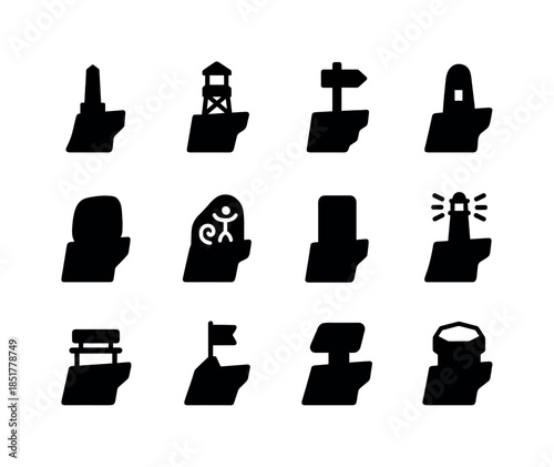Cliffside Landmark Icons. Cliffside landmarks. Solid icon set of