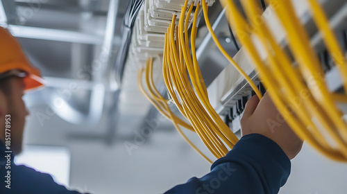 An electrician carefully connects yellow cables to a network panel, ensuring secure connections in a structured cabling system with precision and expertise.