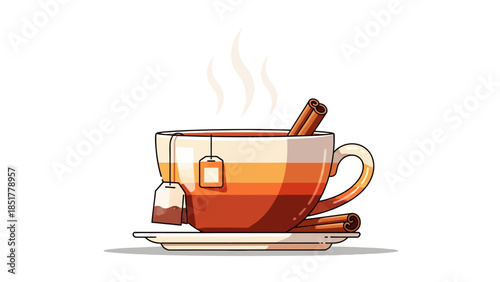 Pixel art steaming cup of tea with cinnamon sticks and teabags on a saucer