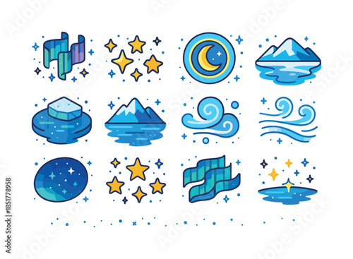 Arctic Night Icons. Arctic night sky. Colorful isometric vector