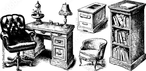 Vintage furniture set including a desk, chair, and lamp with a bookshelf. Hand-drawn vector illustration showcasing classic wood design and style.