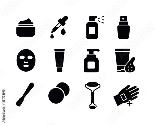 Skincare Essentials Icons. Trying skincare products. Solid icon