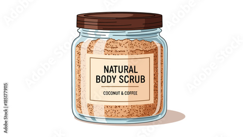 Pixelated illustration of a glass jar containing brown body scrub with a label