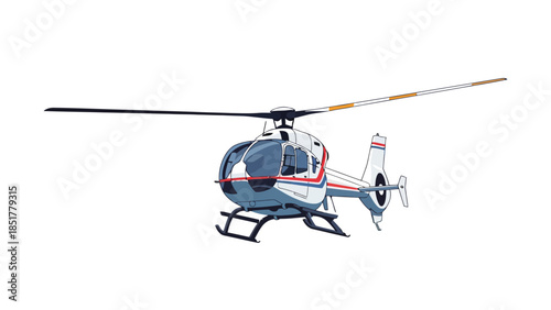 Pixelated side view of a white and blue helicopter with red stripe detail