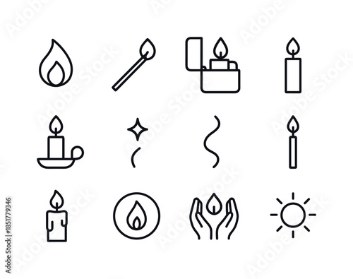 Lighting Candle Icons. Lighting a Candle. Line icon set of Light