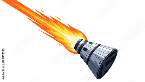 Pixelated spacecraft capsule reentering atmosphere with bright orange fire trail